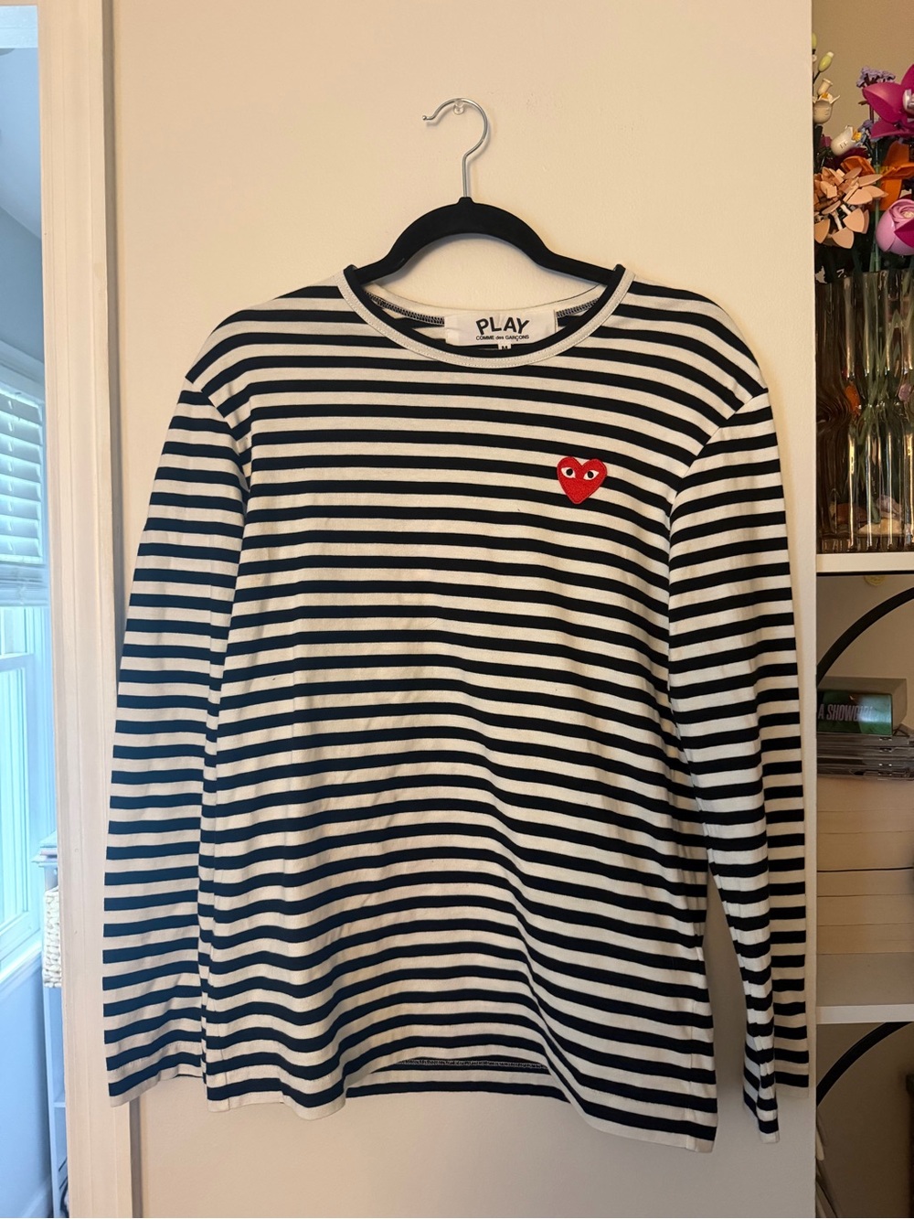 Comme des Garçons Black and White Striped PLAY Tee with Label
